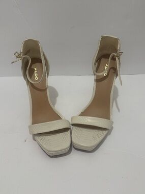 ALDO Cream Textured Ankle-Strap Block Heel Sandals